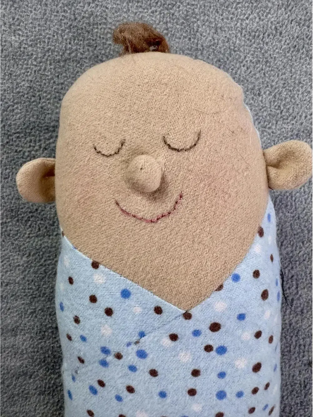 vintage soft cloth baby doll plush sleepy face‎ polka dot blue nursery toy